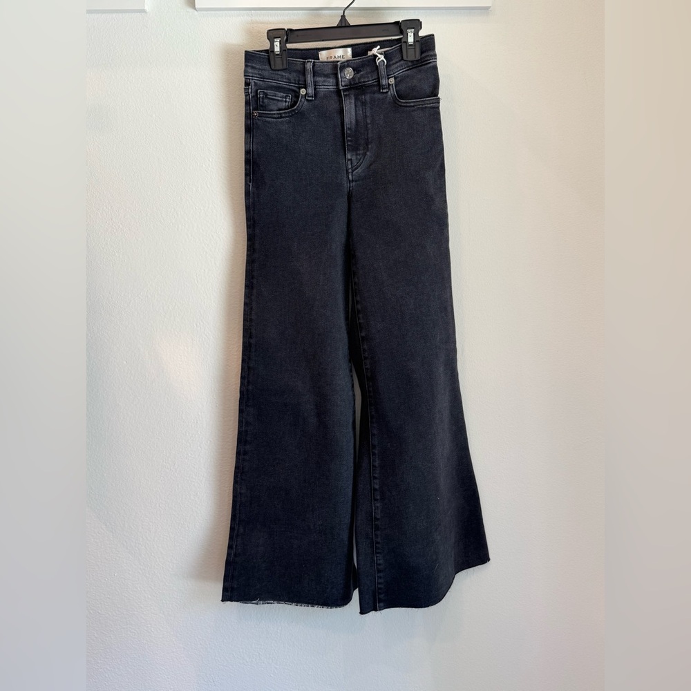 FRAME Le Palazzo Crop Wide-Leg Black Jeans in Radio Raw After - Picture 2 of 4